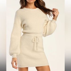 Lulu’s Flirting with Fall Cream Drawstring Mini Sweater Dress